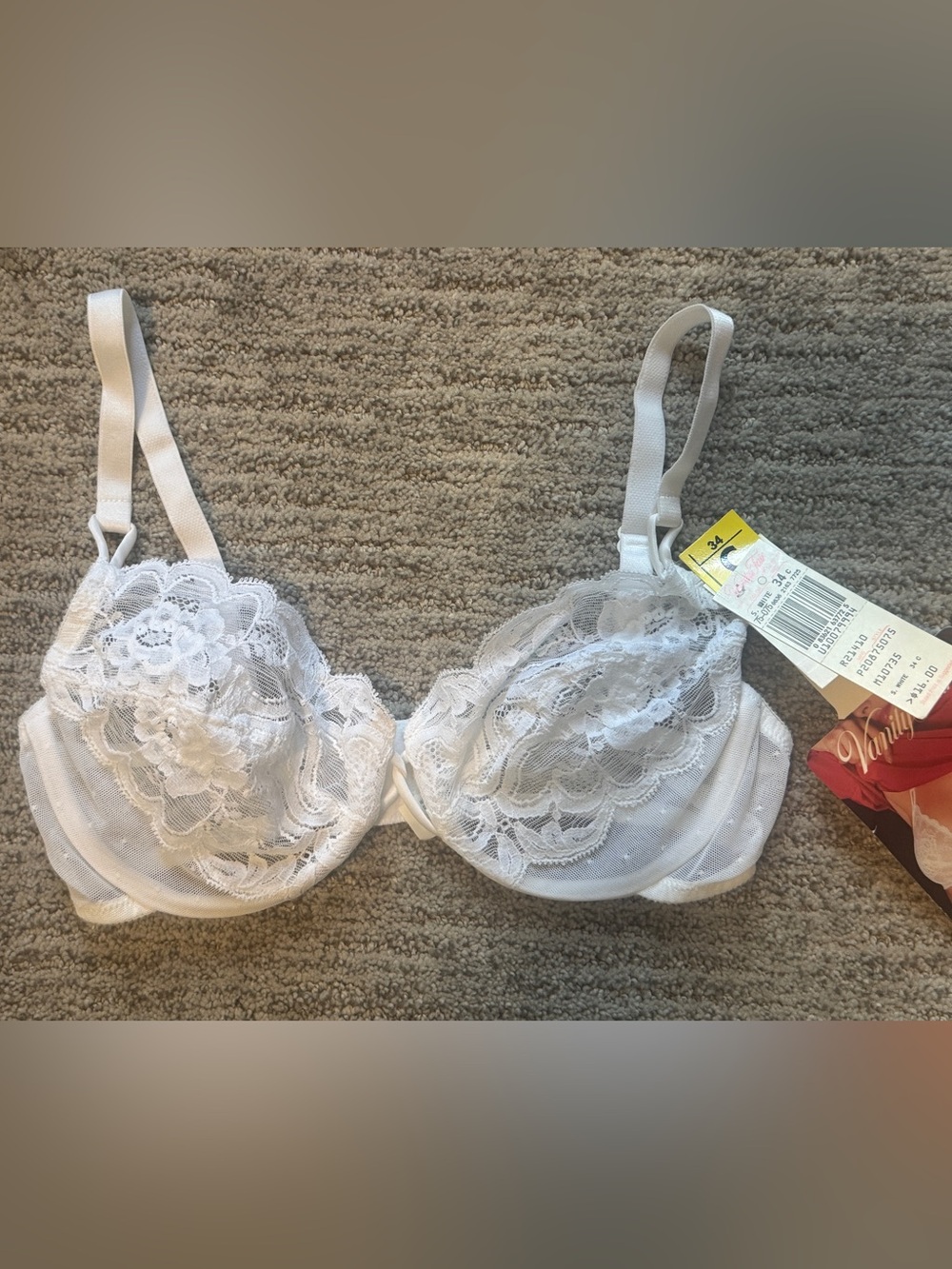 Vintage NWT Dead Stock Vanity Fair White Floral Lace & Mesh Underwire Bra 34C